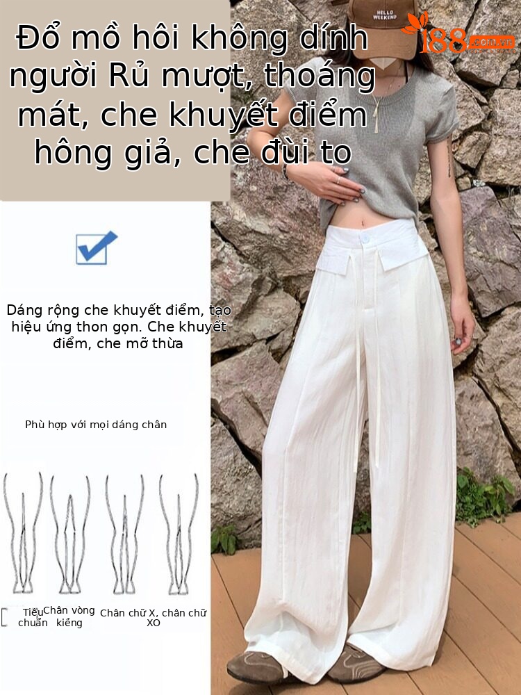 Quần tây nữ ống đứng cạp cao suông rủ chất liệu bông băng mát mẻ — Trắng Extended