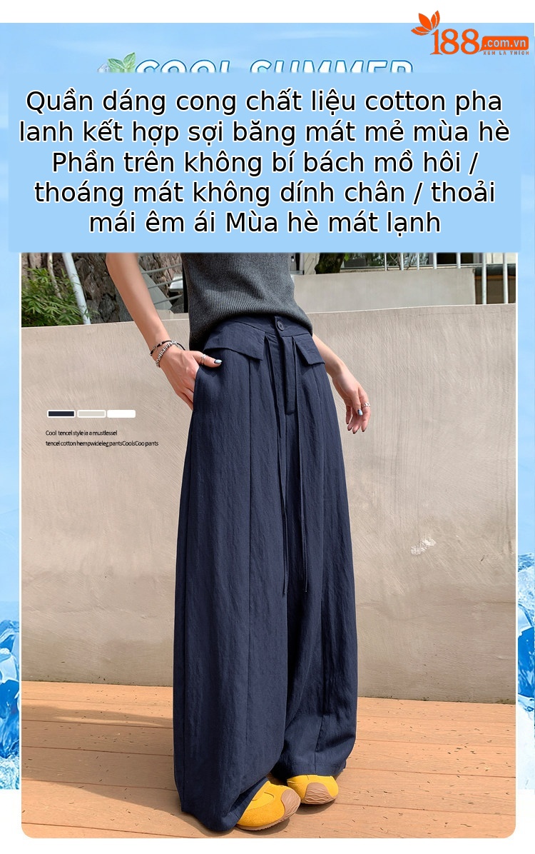 Quần tây nữ ống đứng cạp cao suông rủ chất liệu bông băng mát mẻ — Trắng Extended chi tiết 1