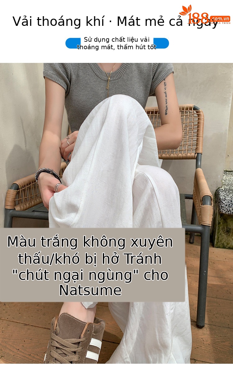 Quần tây nữ ống đứng cạp cao suông rủ chất liệu bông băng mát mẻ — Trắng Extended chi tiết 9