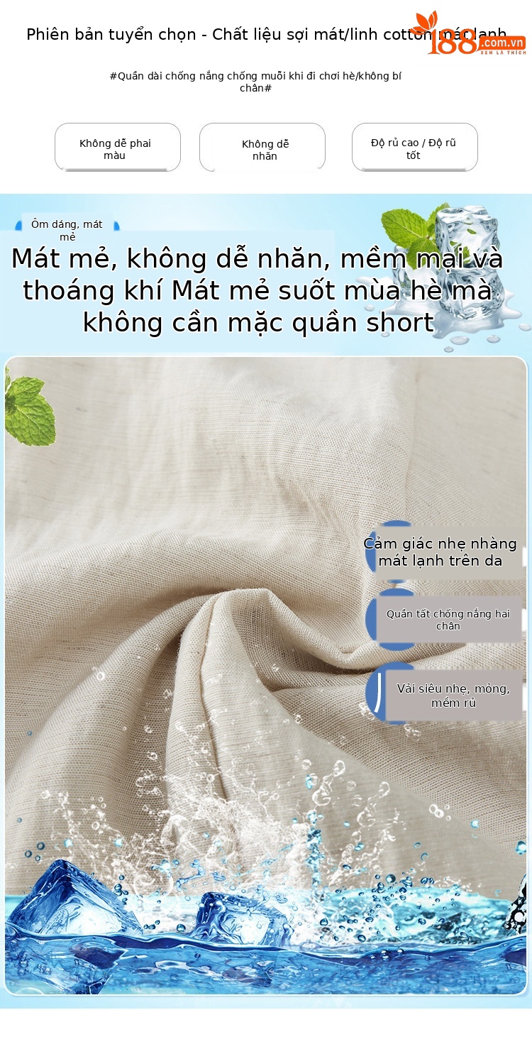 Quần tây nữ ống đứng cạp cao suông rủ chất liệu bông băng mát mẻ — Trắng Extended chi tiết 3