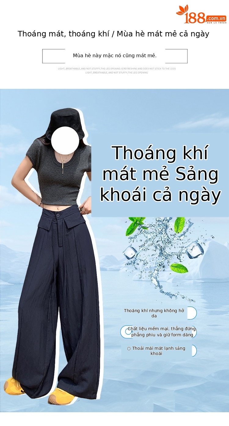 Quần tây nữ ống đứng cạp cao suông rủ chất liệu bông băng mát mẻ — Trắng Extended chi tiết 4