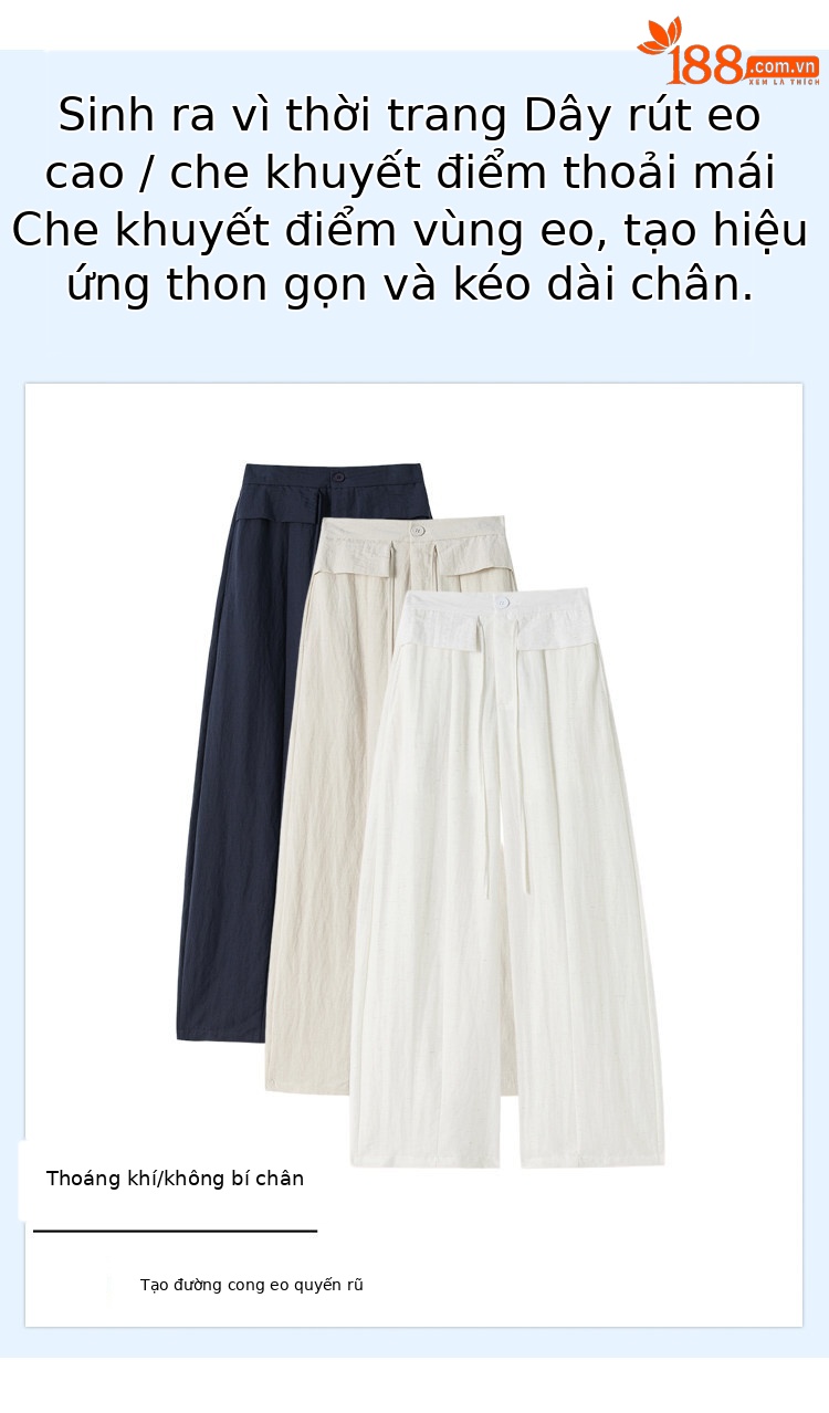 Quần tây nữ ống đứng cạp cao suông rủ chất liệu bông băng mát mẻ — Trắng Extended chi tiết 5
