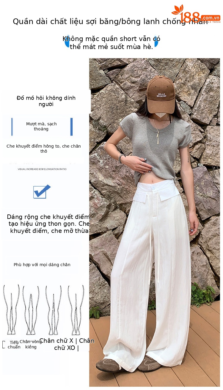 Quần tây nữ ống đứng cạp cao suông rủ chất liệu bông băng mát mẻ — Trắng Extended chi tiết 6