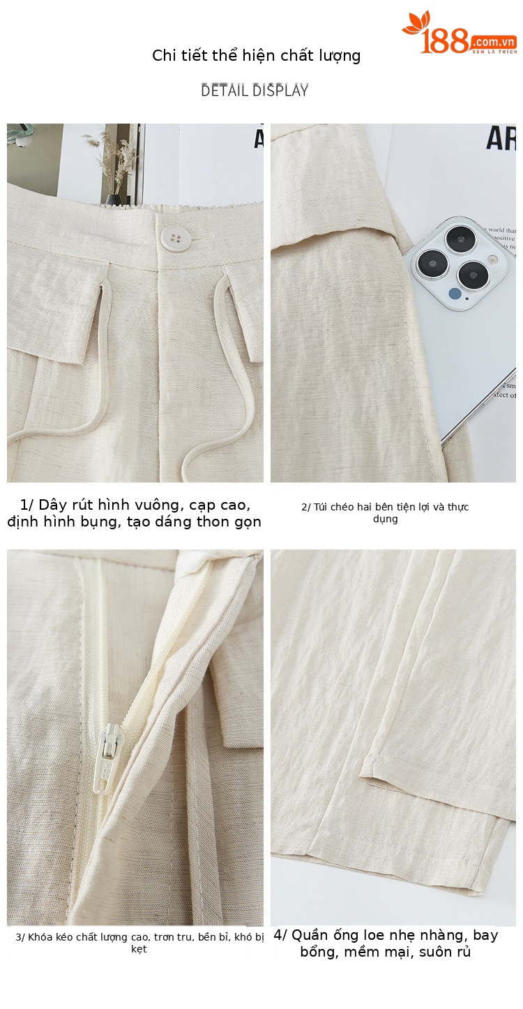 Quần tây nữ ống đứng cạp cao suông rủ chất liệu bông băng mát mẻ — Trắng Extended chi tiết 10