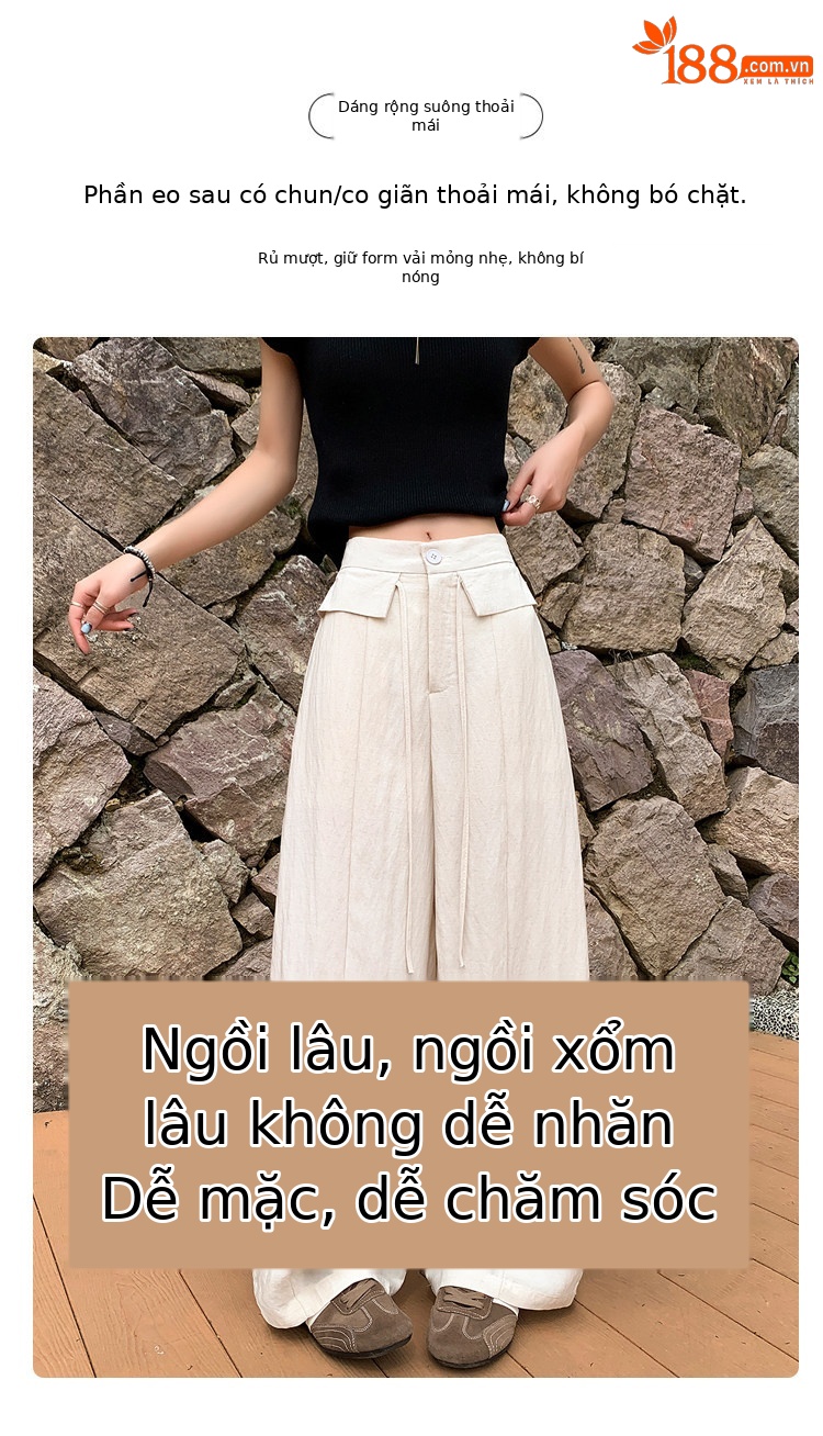 Quần tây nữ ống đứng cạp cao suông rủ chất liệu bông băng mát mẻ — Trắng Extended chi tiết 13