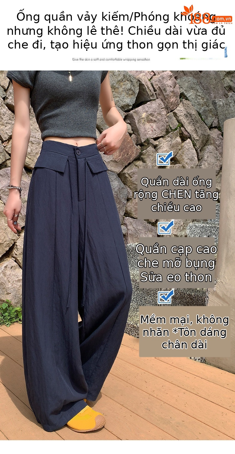 Quần tây nữ ống đứng cạp cao suông rủ chất liệu bông băng mát mẻ — Trắng Extended chi tiết 15