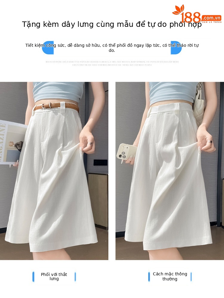 Quần culottes nữ ống rộng eo cao chất liệu lụa lanh mỏng nhẹ — Màu kaki 5 điểm chi tiết 5