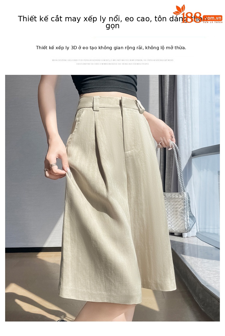 Quần culottes nữ ống rộng eo cao chất liệu lụa lanh mỏng nhẹ — Màu kaki 5 điểm chi tiết 9