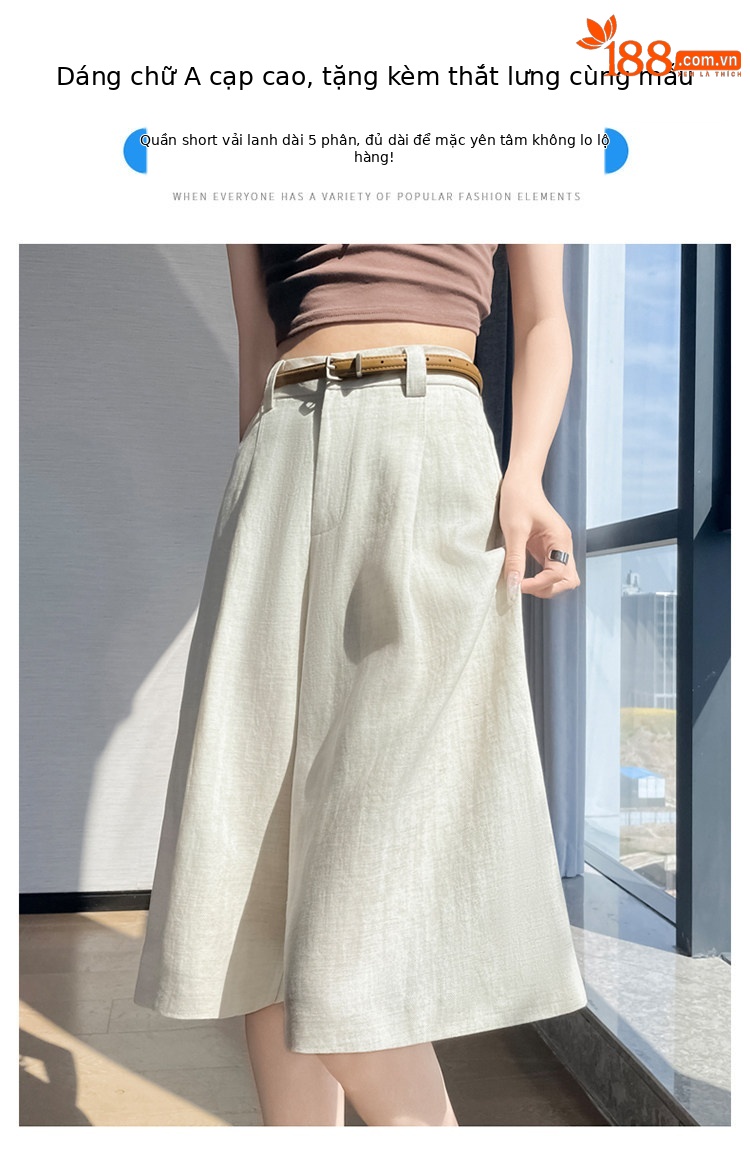 Quần culottes nữ ống rộng eo cao chất liệu lụa lanh mỏng nhẹ — Màu kaki 5 điểm chi tiết 16