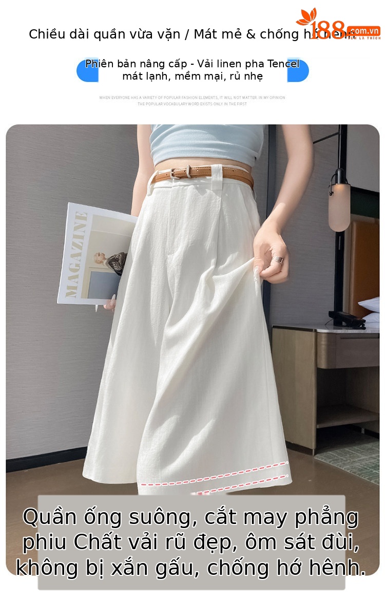 Quần culottes nữ ống rộng eo cao chất liệu lụa lanh mỏng nhẹ — Màu kaki 5 điểm chi tiết 21