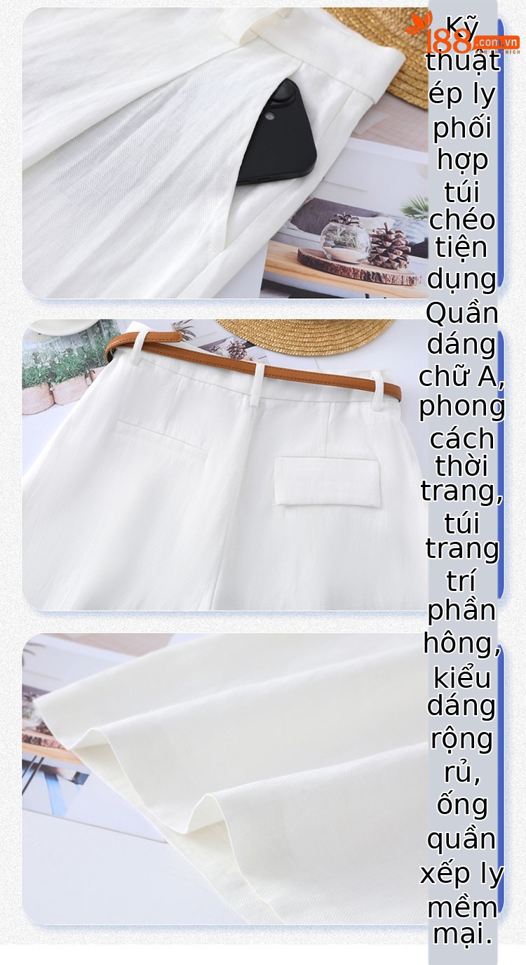 Quần culottes nữ ống rộng eo cao chất liệu lụa lanh mỏng nhẹ — Màu kaki 5 điểm chi tiết 34