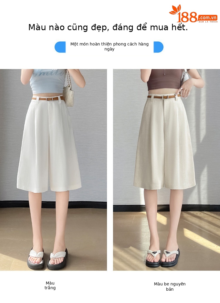 Quần culottes nữ ống rộng eo cao chất liệu lụa lanh mỏng nhẹ — Màu kaki 5 điểm chi tiết 39