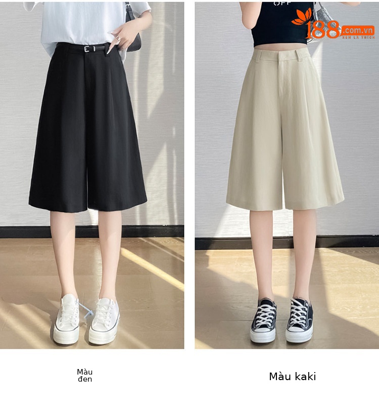 Quần culottes nữ ống rộng eo cao chất liệu lụa lanh mỏng nhẹ — Màu kaki 5 điểm chi tiết 40