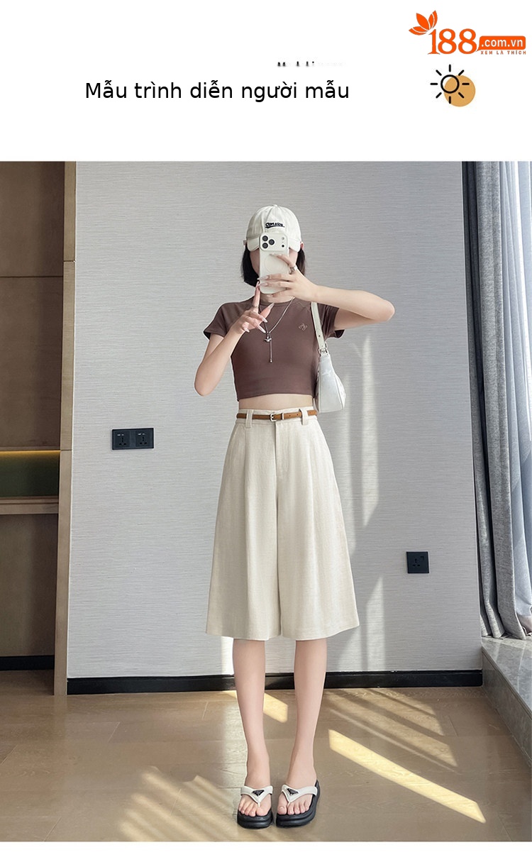 Quần culottes nữ ống rộng eo cao chất liệu lụa lanh mỏng nhẹ — Màu kaki 5 điểm chi tiết 41
