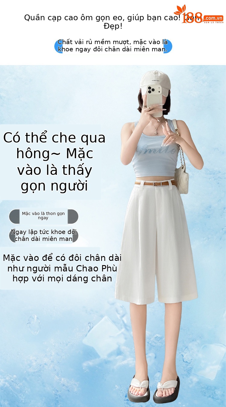 Quần culottes nữ ống rộng eo cao chất liệu lụa lanh mỏng nhẹ — Màu kaki 5 điểm chi tiết 3
