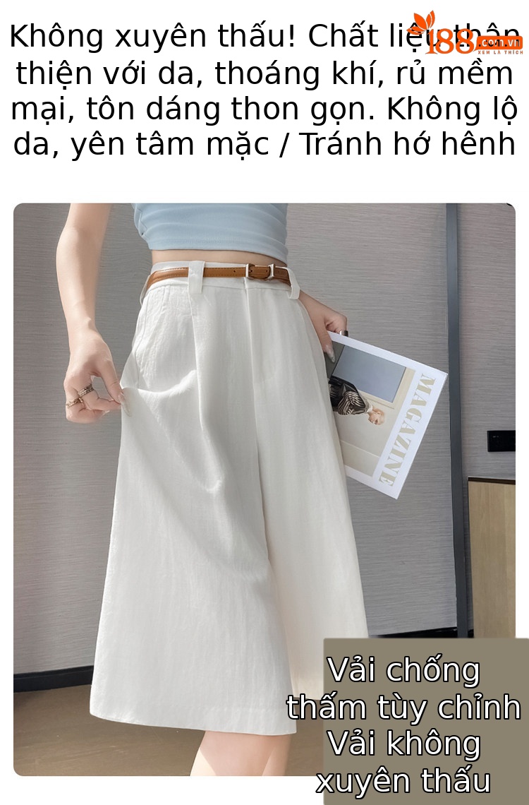 Quần culottes nữ ống rộng eo cao chất liệu lụa lanh mỏng nhẹ — Màu kaki 5 điểm chi tiết 6
