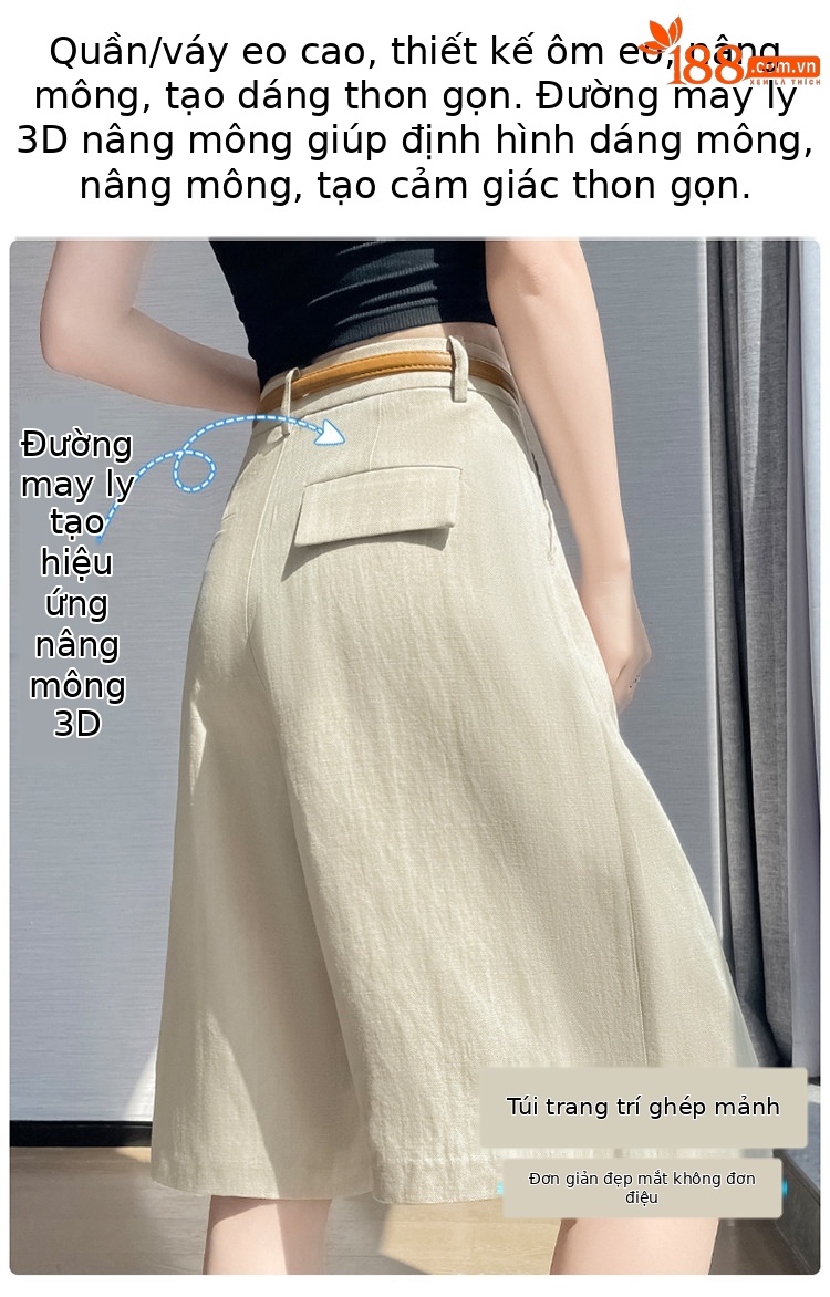 Quần culottes nữ ống rộng eo cao chất liệu lụa lanh mỏng nhẹ — Màu kaki 5 điểm chi tiết 10