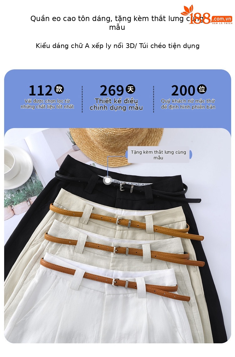 Quần culottes nữ ống rộng eo cao chất liệu lụa lanh mỏng nhẹ — Màu kaki 5 điểm chi tiết 13