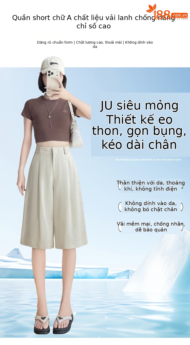 Quần culottes nữ ống rộng eo cao chất liệu lụa lanh mỏng nhẹ — Màu kaki 5 điểm chi tiết 24