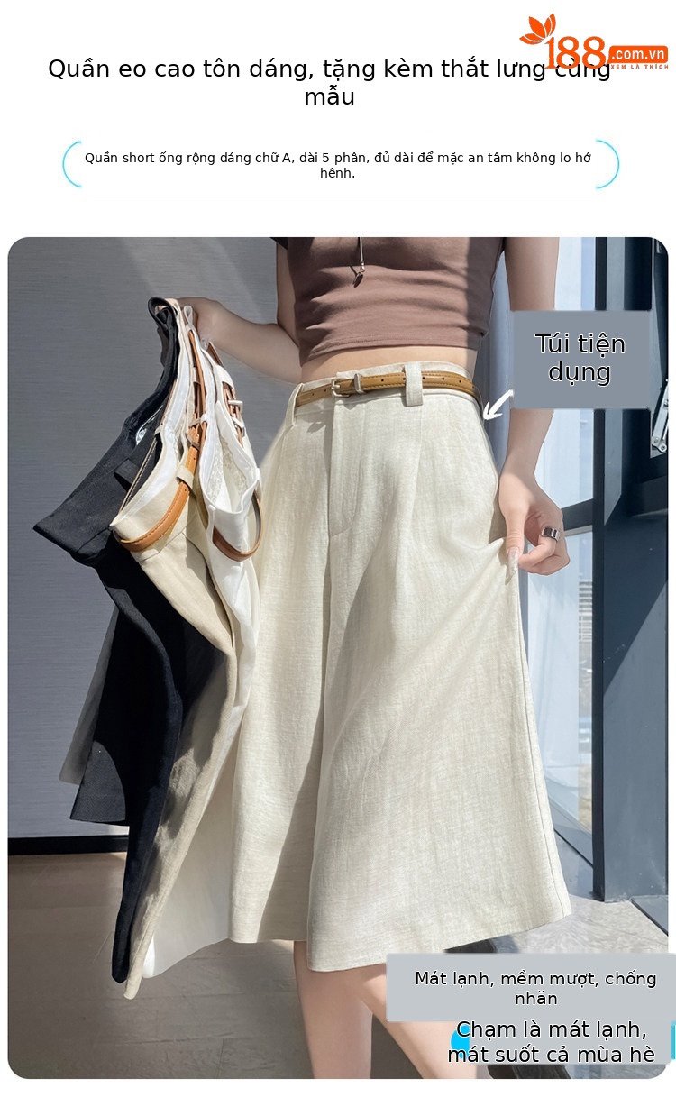 Quần culottes nữ ống rộng eo cao chất liệu lụa lanh mỏng nhẹ — Màu kaki 5 điểm chi tiết 25