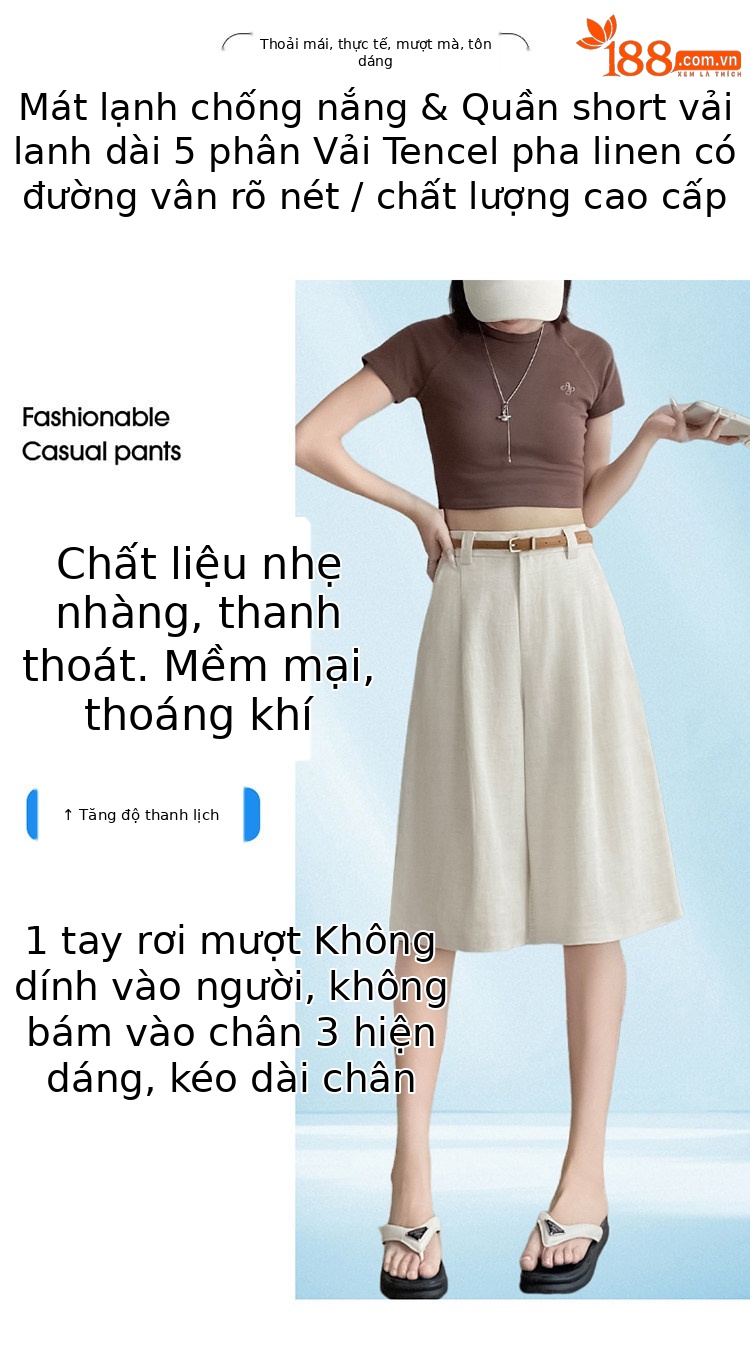 Quần culottes nữ ống rộng eo cao chất liệu lụa lanh mỏng nhẹ — Màu kaki 5 điểm chi tiết 27