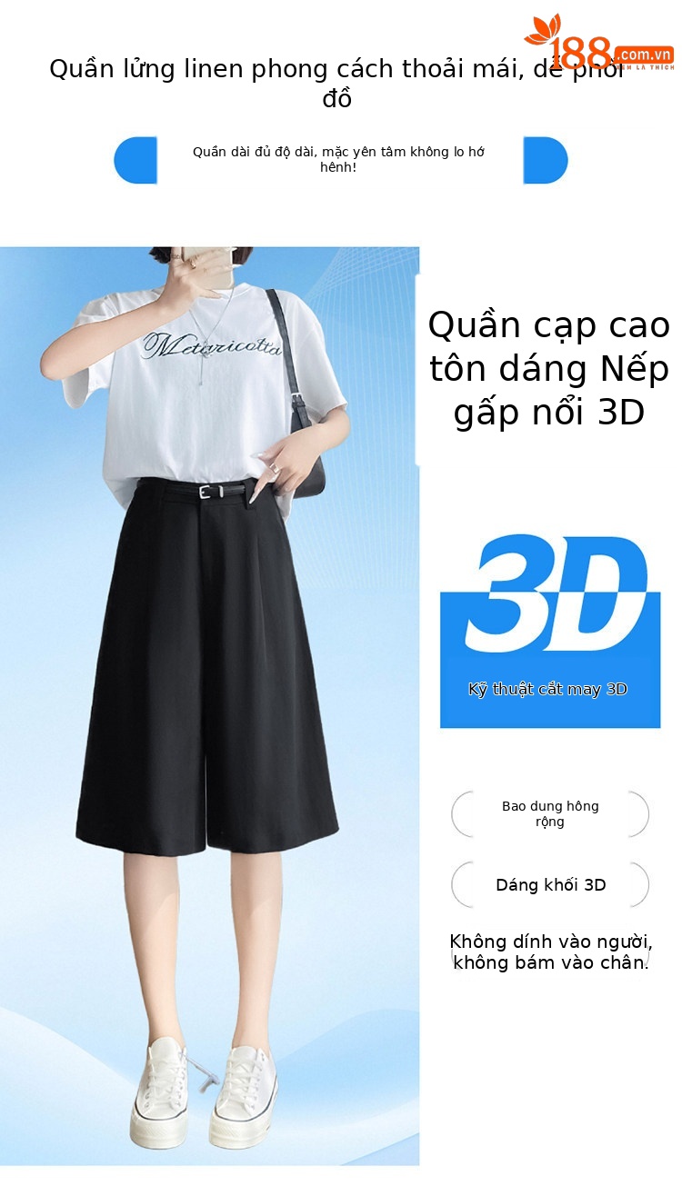 Quần culottes nữ ống rộng eo cao chất liệu lụa lanh mỏng nhẹ — Màu kaki 5 điểm chi tiết 29