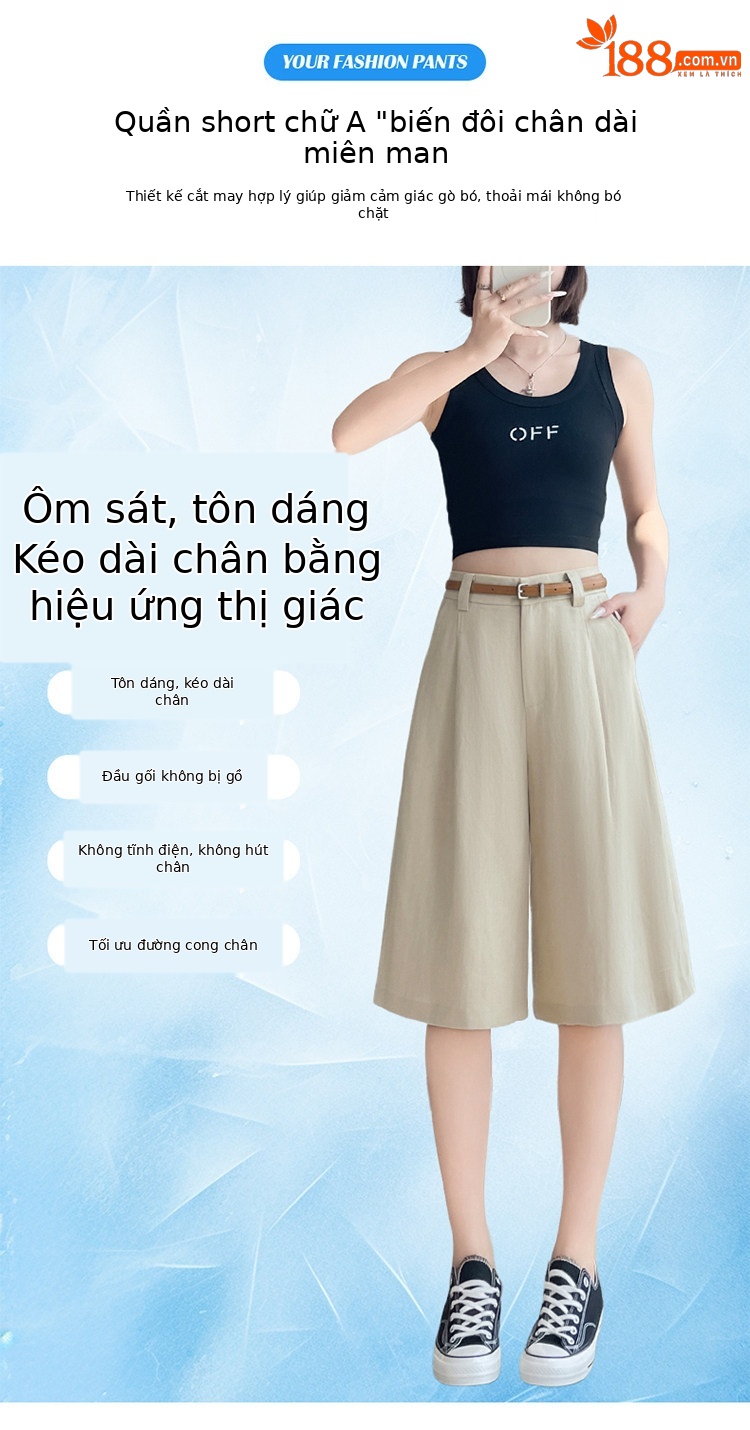 Quần culottes nữ ống rộng eo cao chất liệu lụa lanh mỏng nhẹ — Màu kaki 5 điểm chi tiết 30