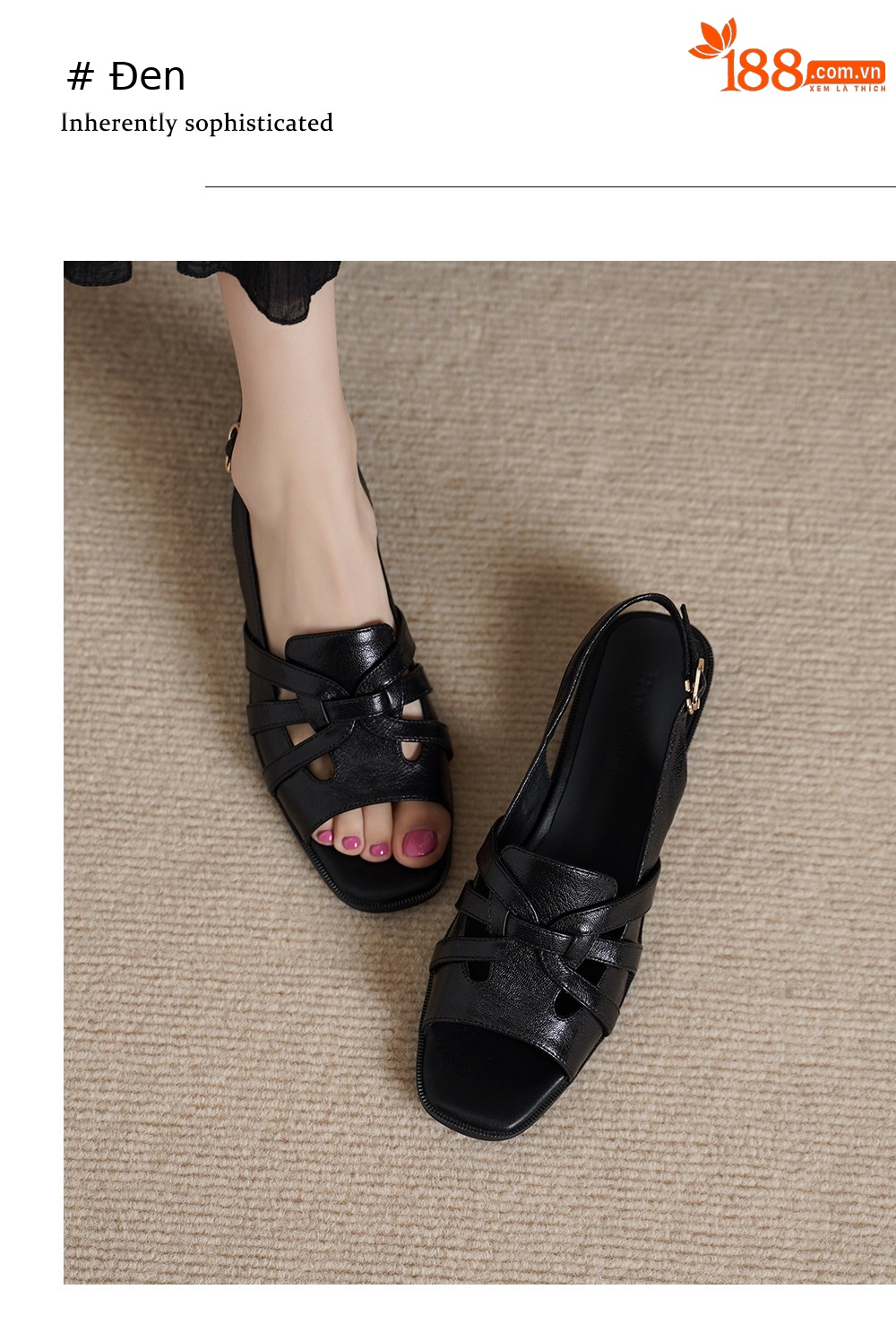 Sandal nữ hở mũi da cừu gót thô phong cách La Mã quai chữ T — đen chi tiết 7