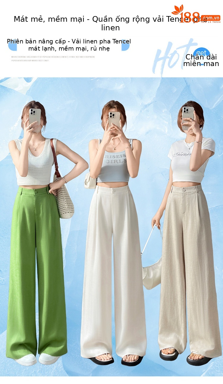 Quần culottes nữ ống rộng cạp cao vải linen phối sợi tencel, dáng suông dài chấm đất, phong cách Hàn Quốc mùa hè — Trắng Extended chi tiết 1