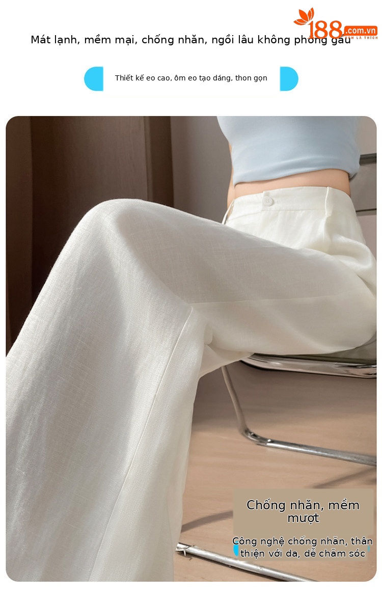 Quần culottes nữ ống rộng cạp cao vải linen phối sợi tencel, dáng suông dài chấm đất, phong cách Hàn Quốc mùa hè — Trắng Extended chi tiết 9