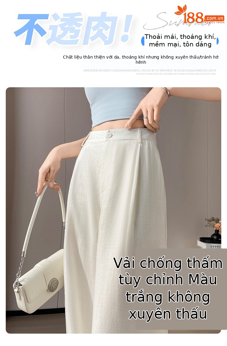 Quần culottes nữ ống rộng cạp cao vải linen phối sợi tencel, dáng suông dài chấm đất, phong cách Hàn Quốc mùa hè — Trắng Extended chi tiết 14