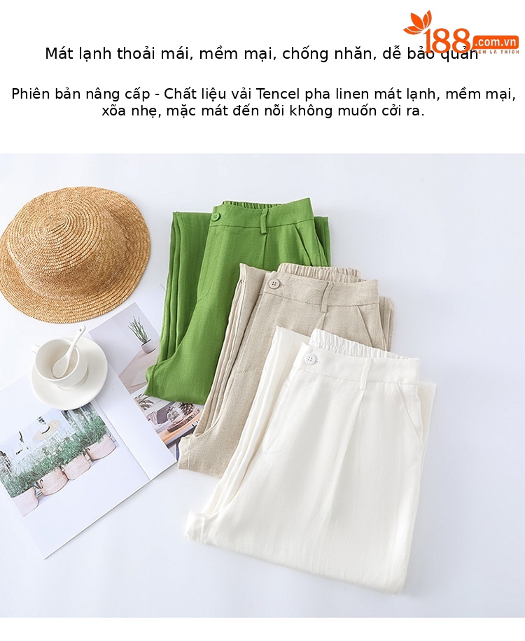 Quần culottes nữ ống rộng cạp cao vải linen phối sợi tencel, dáng suông dài chấm đất, phong cách Hàn Quốc mùa hè — Trắng Extended chi tiết 16