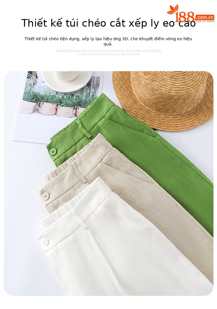 Quần culottes nữ ống rộng cạp cao vải linen phối sợi tencel, dáng suông dài chấm đất, phong cách Hàn Quốc mùa hè — Trắng Extended chi tiết 17