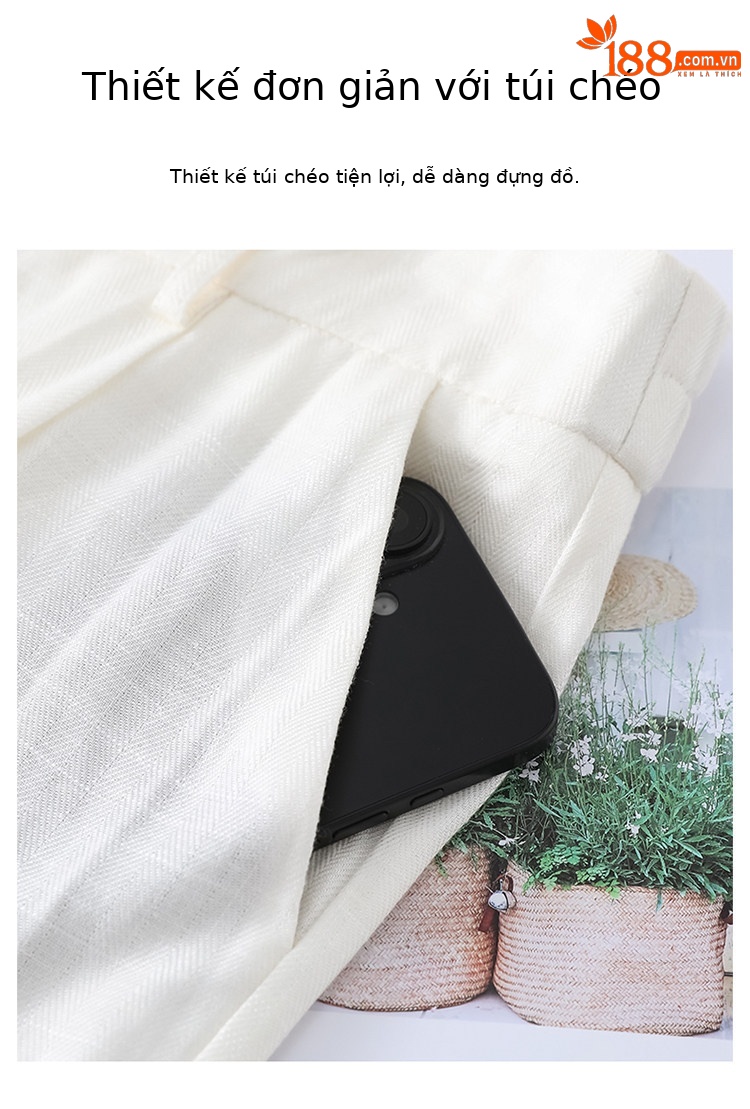 Quần culottes nữ ống rộng cạp cao vải linen phối sợi tencel, dáng suông dài chấm đất, phong cách Hàn Quốc mùa hè — Trắng Extended chi tiết 18
