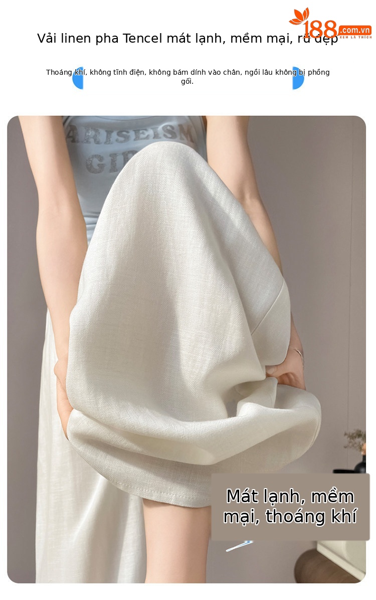 Quần culottes nữ ống rộng cạp cao vải linen phối sợi tencel, dáng suông dài chấm đất, phong cách Hàn Quốc mùa hè — Trắng Extended chi tiết 22