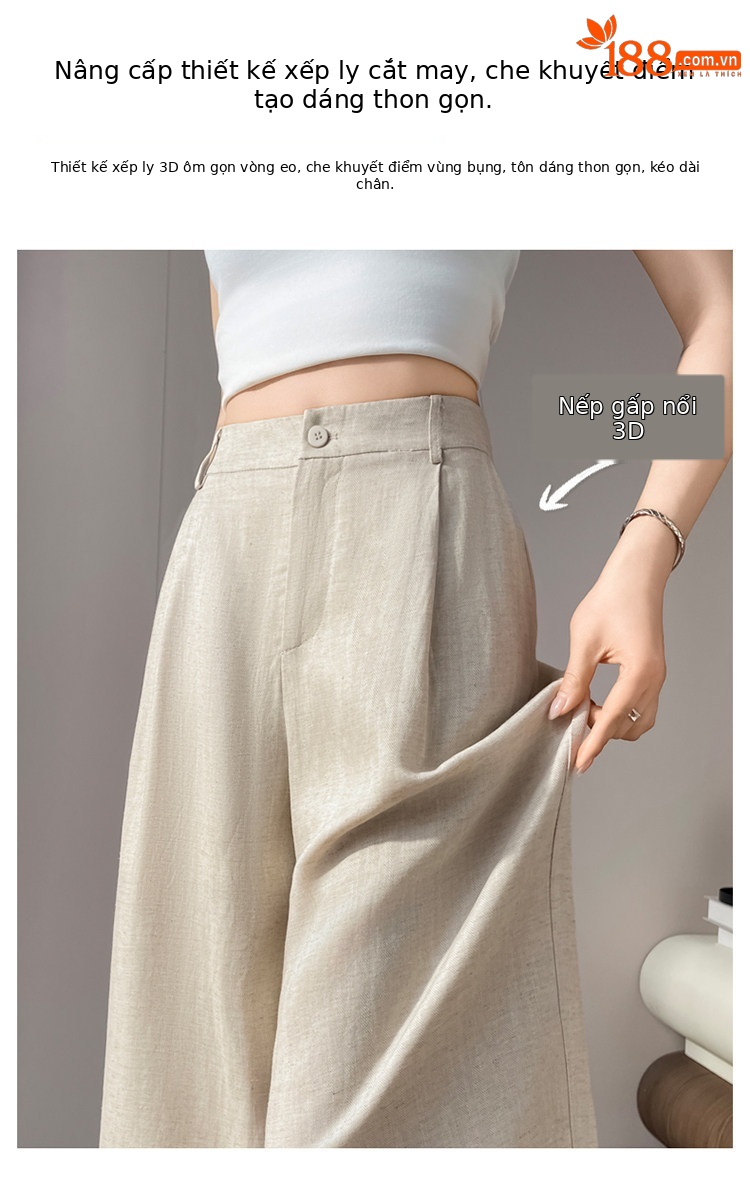 Quần culottes nữ ống rộng cạp cao vải linen phối sợi tencel, dáng suông dài chấm đất, phong cách Hàn Quốc mùa hè — Trắng Extended chi tiết 23