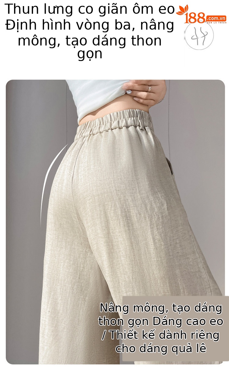 Quần culottes nữ ống rộng cạp cao vải linen phối sợi tencel, dáng suông dài chấm đất, phong cách Hàn Quốc mùa hè — Trắng Extended chi tiết 24