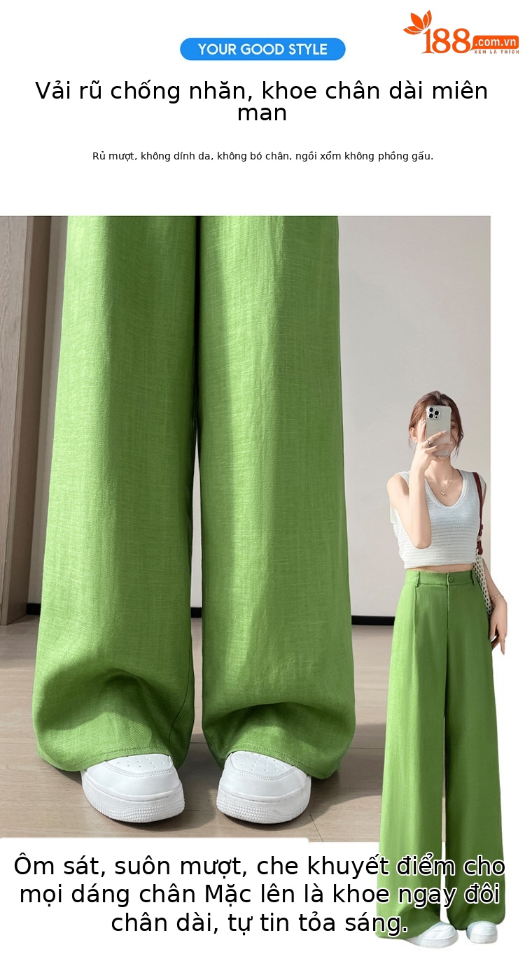 Quần culottes nữ ống rộng cạp cao vải linen phối sợi tencel, dáng suông dài chấm đất, phong cách Hàn Quốc mùa hè — Trắng Extended chi tiết 29