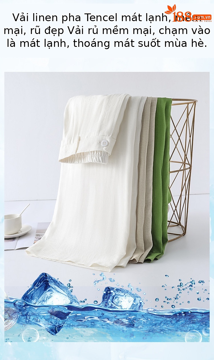 Quần culottes nữ ống rộng cạp cao vải linen phối sợi tencel, dáng suông dài chấm đất, phong cách Hàn Quốc mùa hè — Trắng Extended chi tiết 30