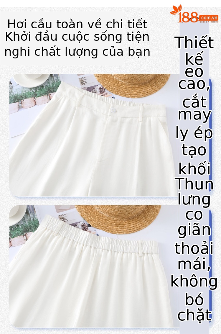 Quần culottes nữ ống rộng cạp cao vải linen phối sợi tencel, dáng suông dài chấm đất, phong cách Hàn Quốc mùa hè — Trắng Extended chi tiết 35
