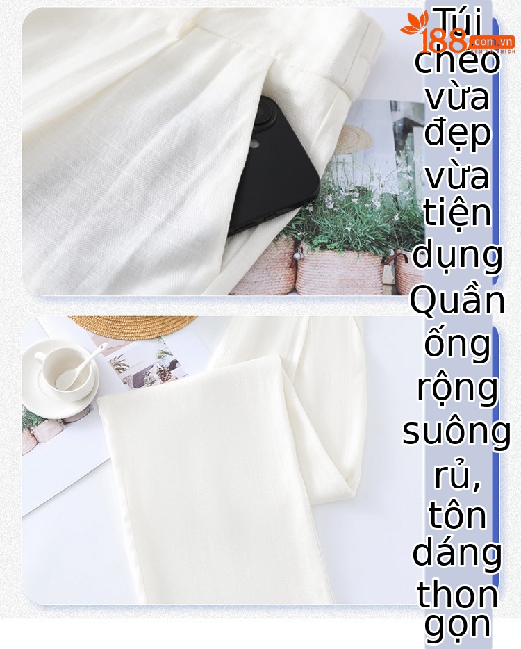 Quần culottes nữ ống rộng cạp cao vải linen phối sợi tencel, dáng suông dài chấm đất, phong cách Hàn Quốc mùa hè — Trắng Extended chi tiết 36