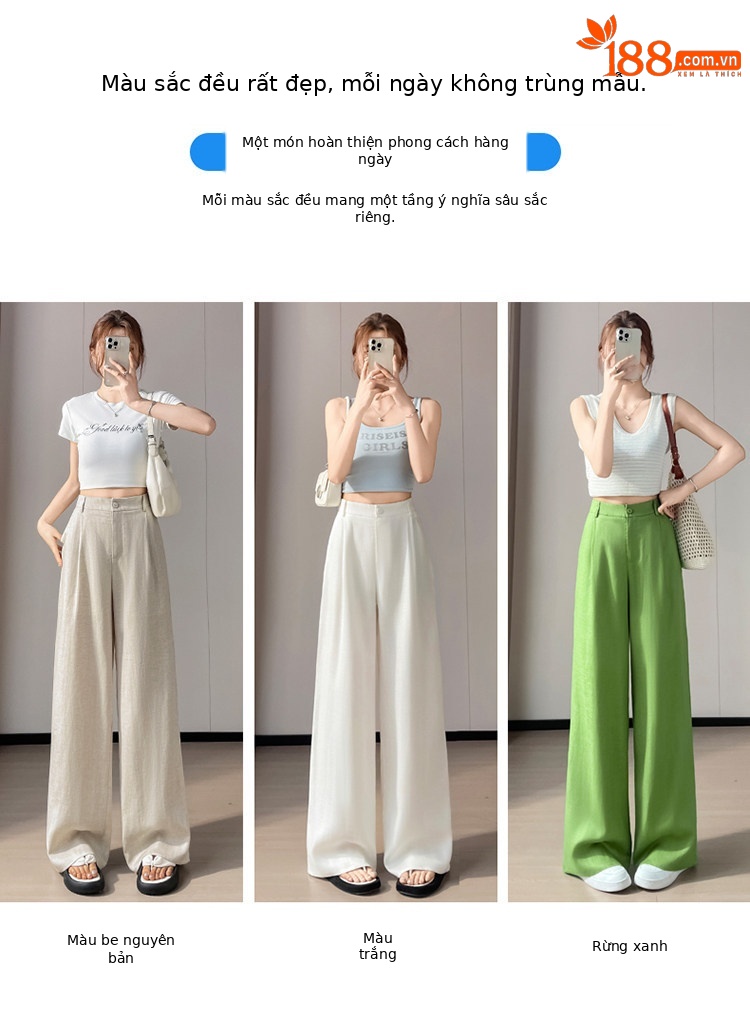 Quần culottes nữ ống rộng cạp cao vải linen phối sợi tencel, dáng suông dài chấm đất, phong cách Hàn Quốc mùa hè — Trắng Extended chi tiết 41