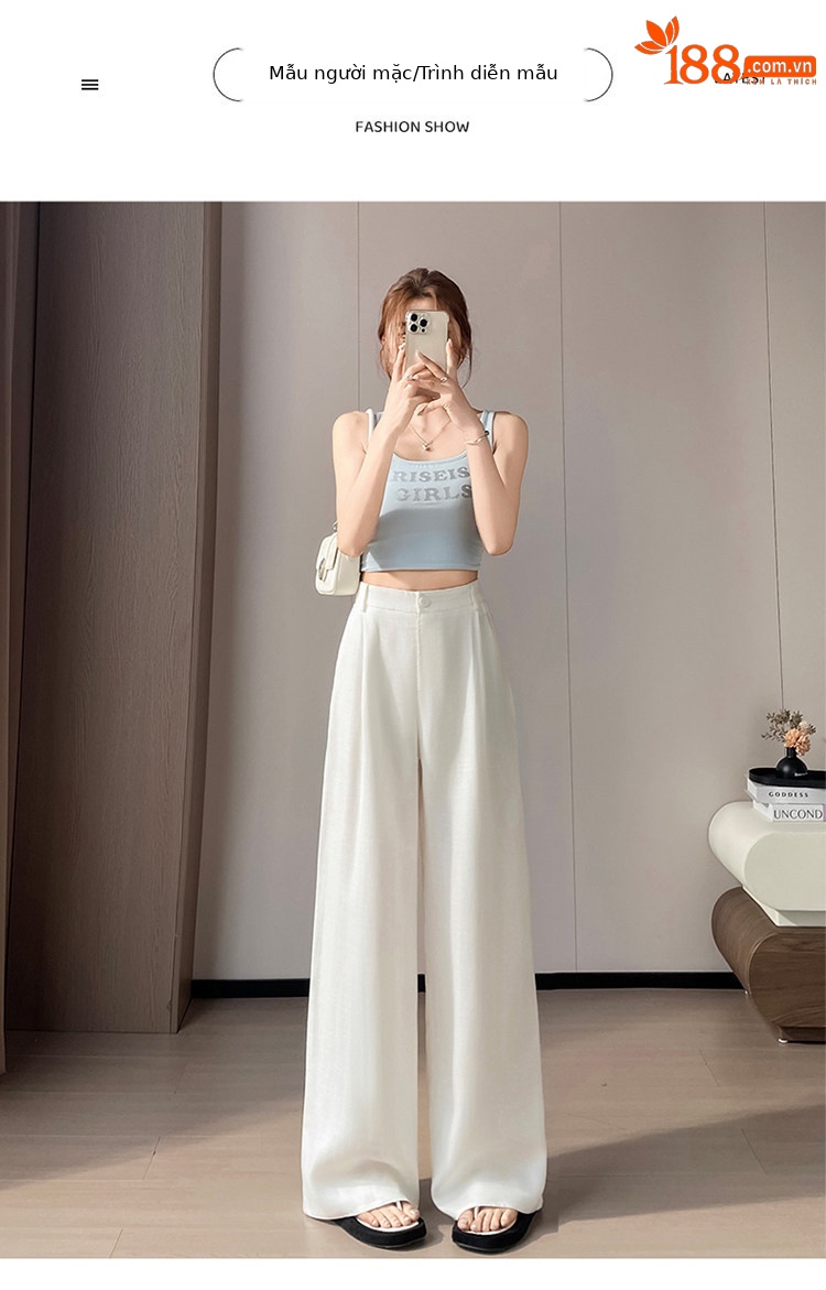 Quần culottes nữ ống rộng cạp cao vải linen phối sợi tencel, dáng suông dài chấm đất, phong cách Hàn Quốc mùa hè — Trắng Extended chi tiết 42