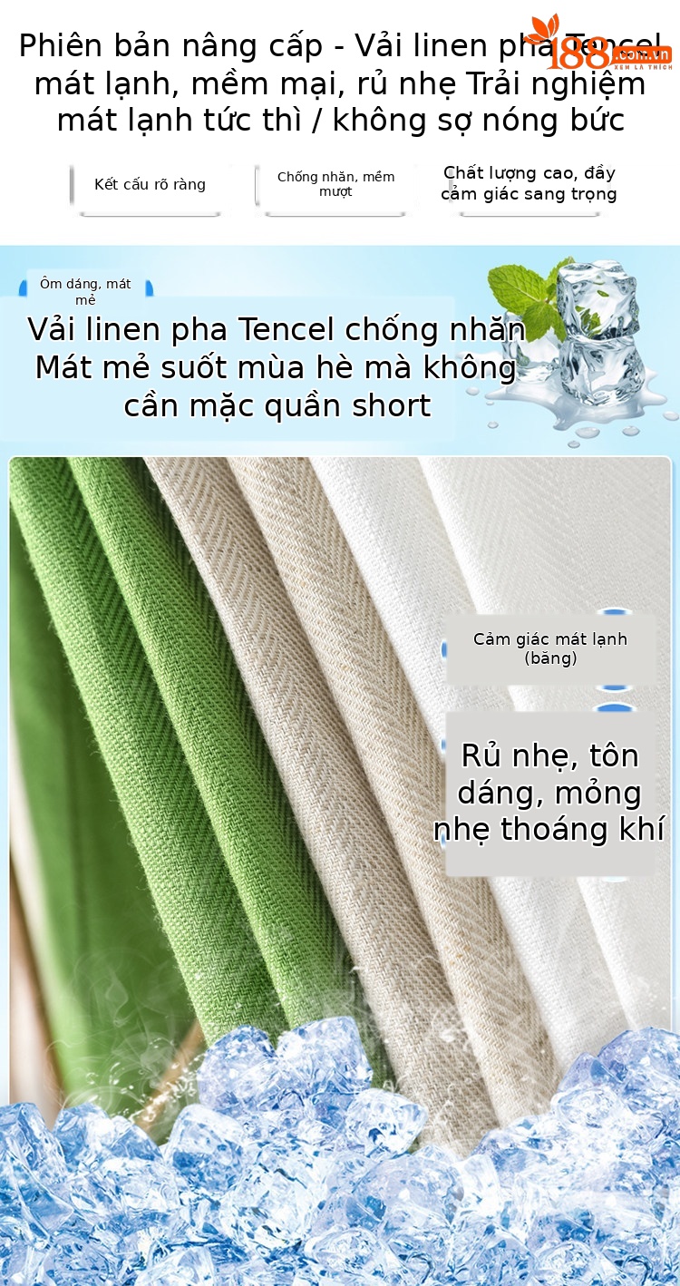 Quần culottes nữ ống rộng cạp cao vải linen phối sợi tencel, dáng suông dài chấm đất, phong cách Hàn Quốc mùa hè — Trắng Extended chi tiết 3