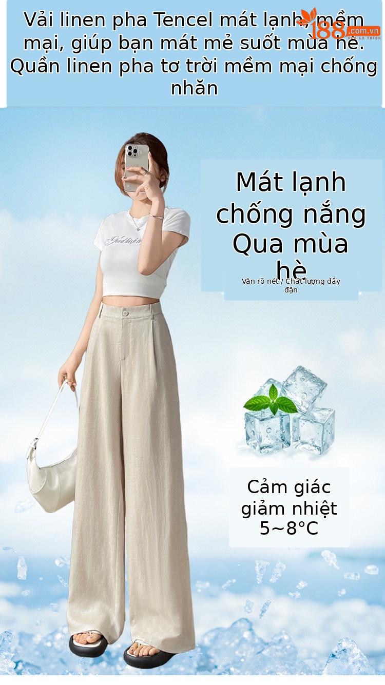Quần culottes nữ ống rộng cạp cao vải linen phối sợi tencel, dáng suông dài chấm đất, phong cách Hàn Quốc mùa hè — Trắng Extended chi tiết 5