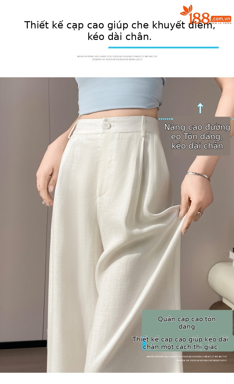 Quần culottes nữ ống rộng cạp cao vải linen phối sợi tencel, dáng suông dài chấm đất, phong cách Hàn Quốc mùa hè — Trắng Extended chi tiết 6