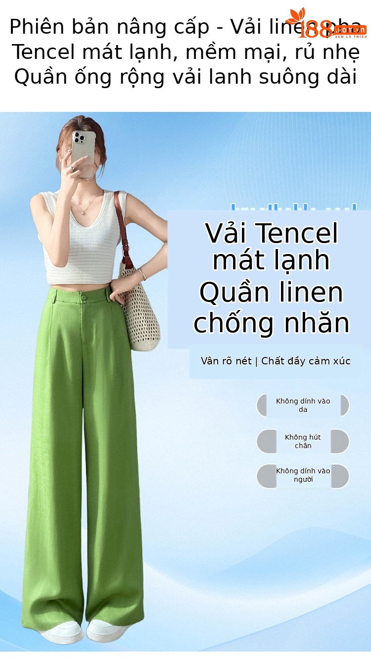 Quần culottes nữ ống rộng cạp cao vải linen phối sợi tencel, dáng suông dài chấm đất, phong cách Hàn Quốc mùa hè — Trắng Extended chi tiết 8