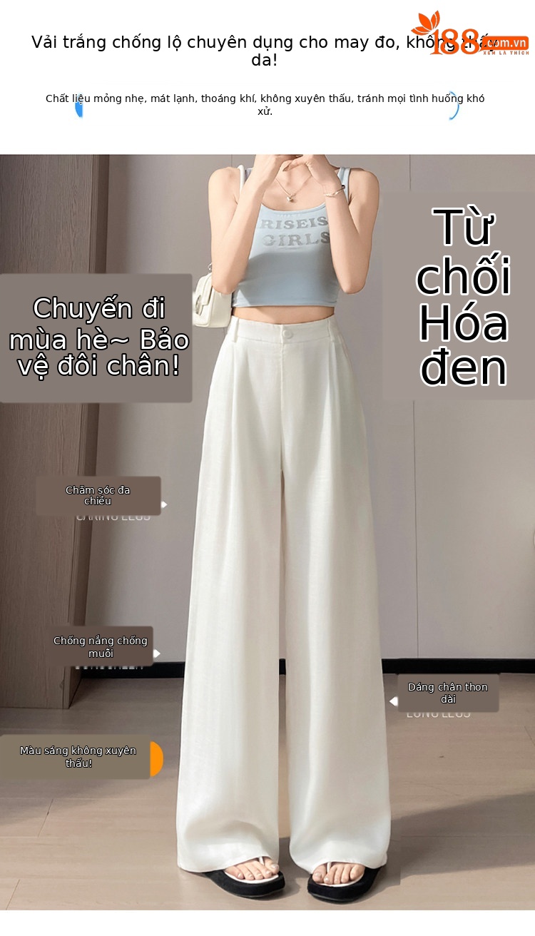 Quần culottes nữ ống rộng cạp cao vải linen phối sợi tencel, dáng suông dài chấm đất, phong cách Hàn Quốc mùa hè — Trắng Extended chi tiết 11