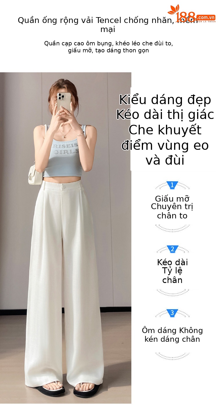 Quần culottes nữ ống rộng cạp cao vải linen phối sợi tencel, dáng suông dài chấm đất, phong cách Hàn Quốc mùa hè — Trắng Extended chi tiết 25