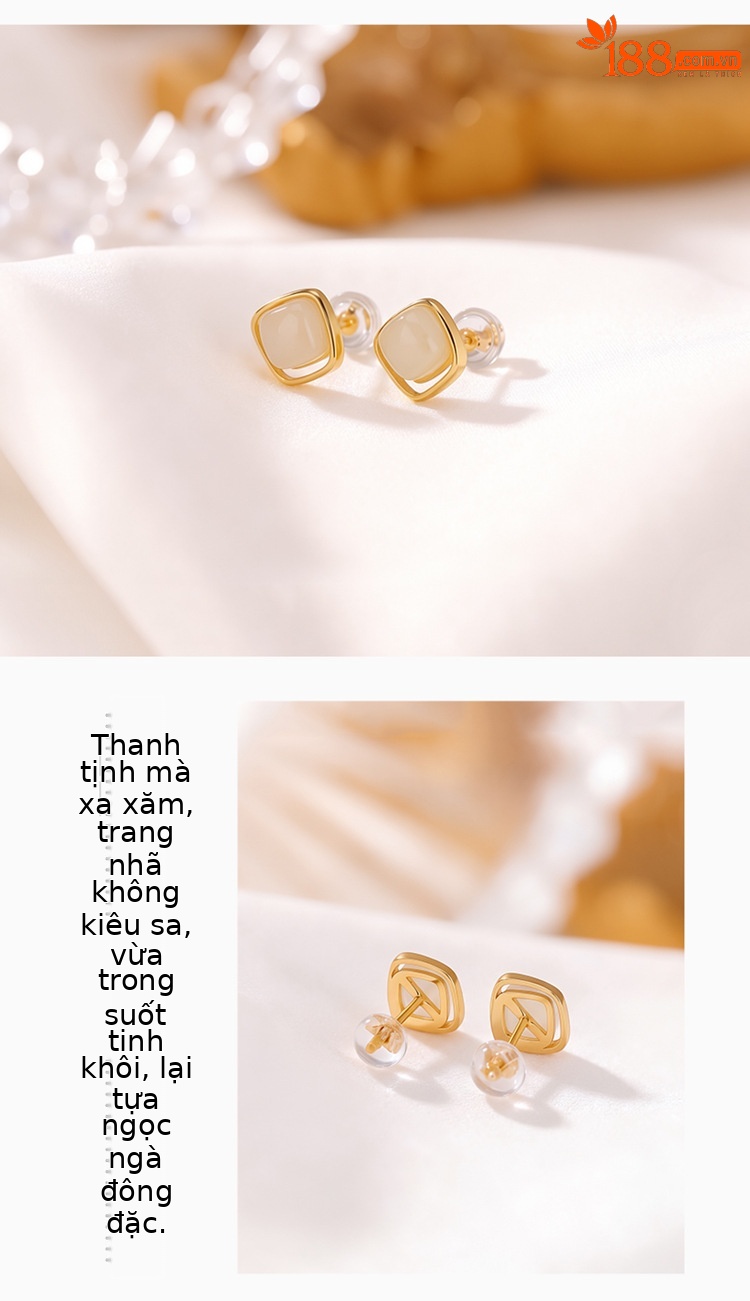 Bông tai bạc S925 mạ vàng đính ngọc bích và hổ phách hình vuông phong cách mới — Kiểu ngọc bích trong chi tiết 3
